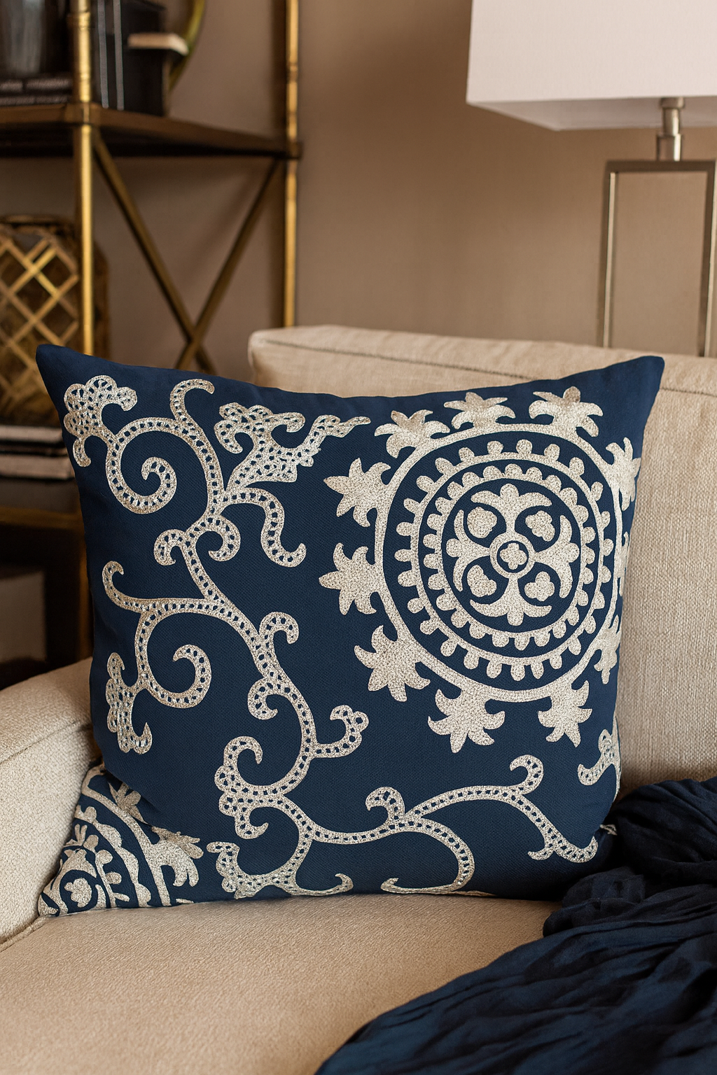0114 - White Embroidered Medallion Down Filled 18" Throw Pillow