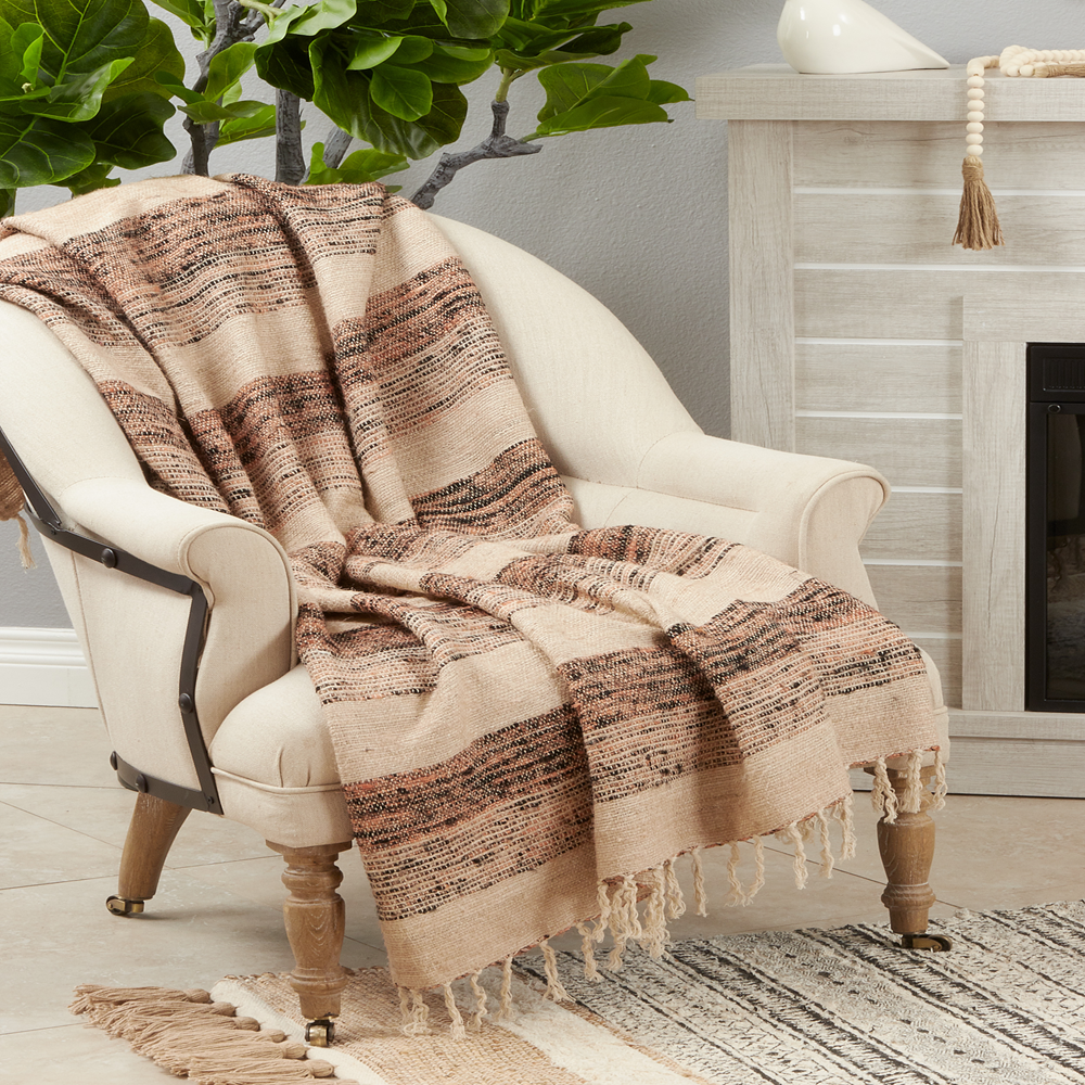 Natural Striped Rayon-Cotton Throw Blanket