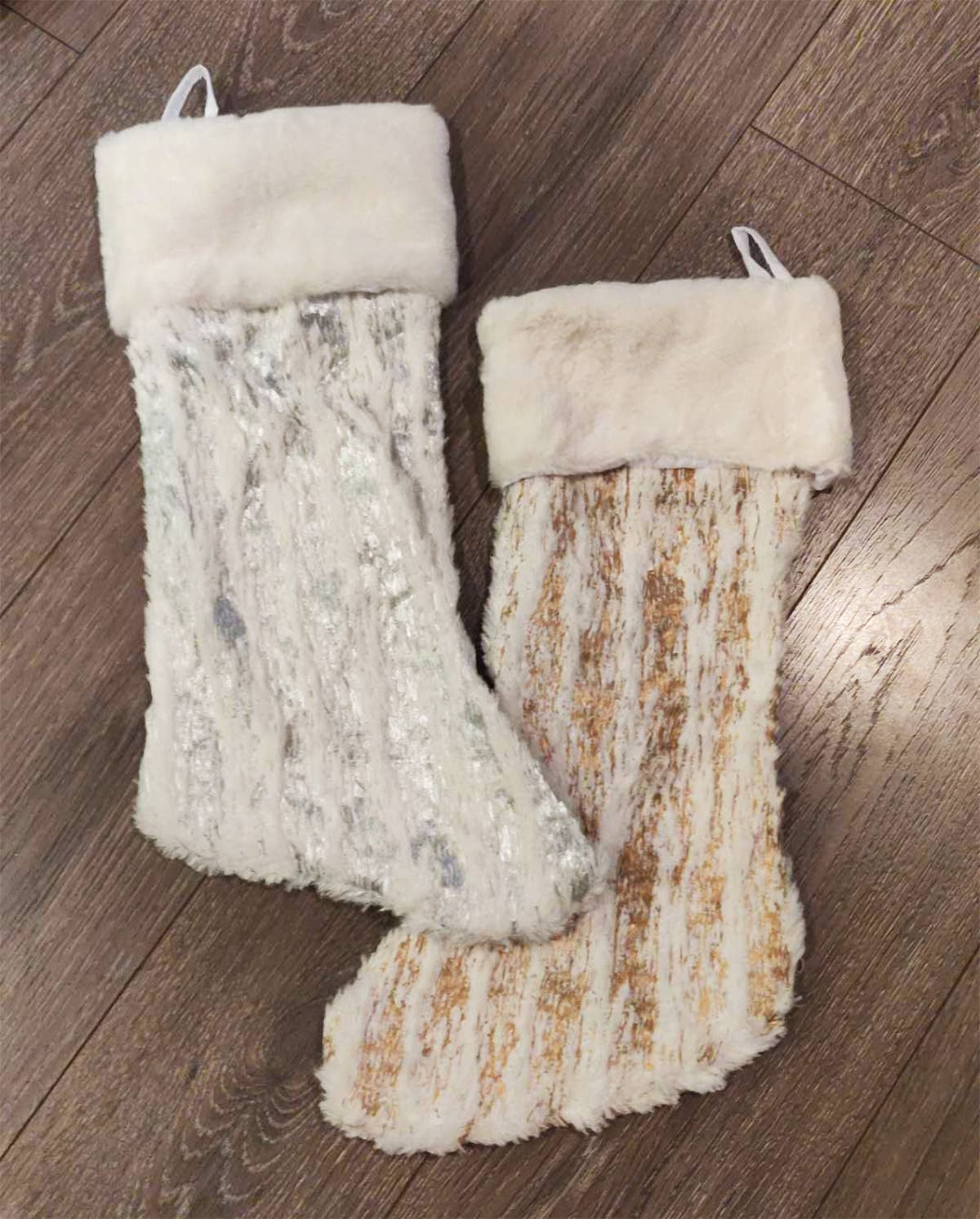 Holiday Brushed Foil Print Faux Fur Christmas Tree Stocking
