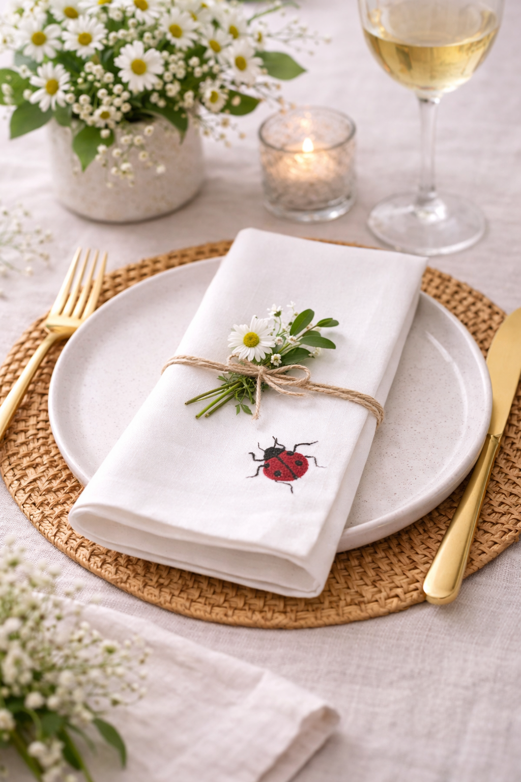 Embroidered Ladybug White 20" Dinner Napkin