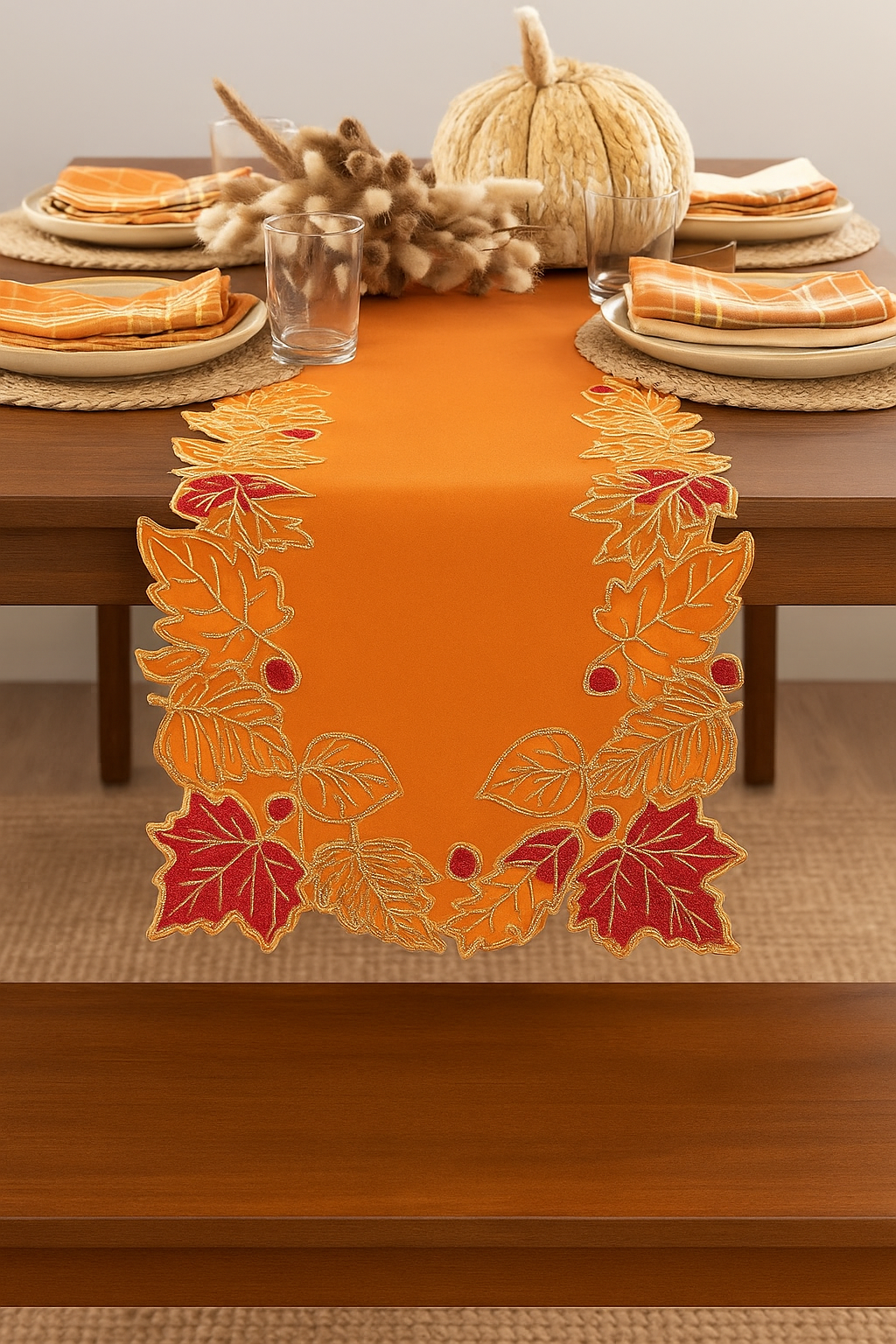 Terracotta Embroidered Sequined Leaf Table Runner