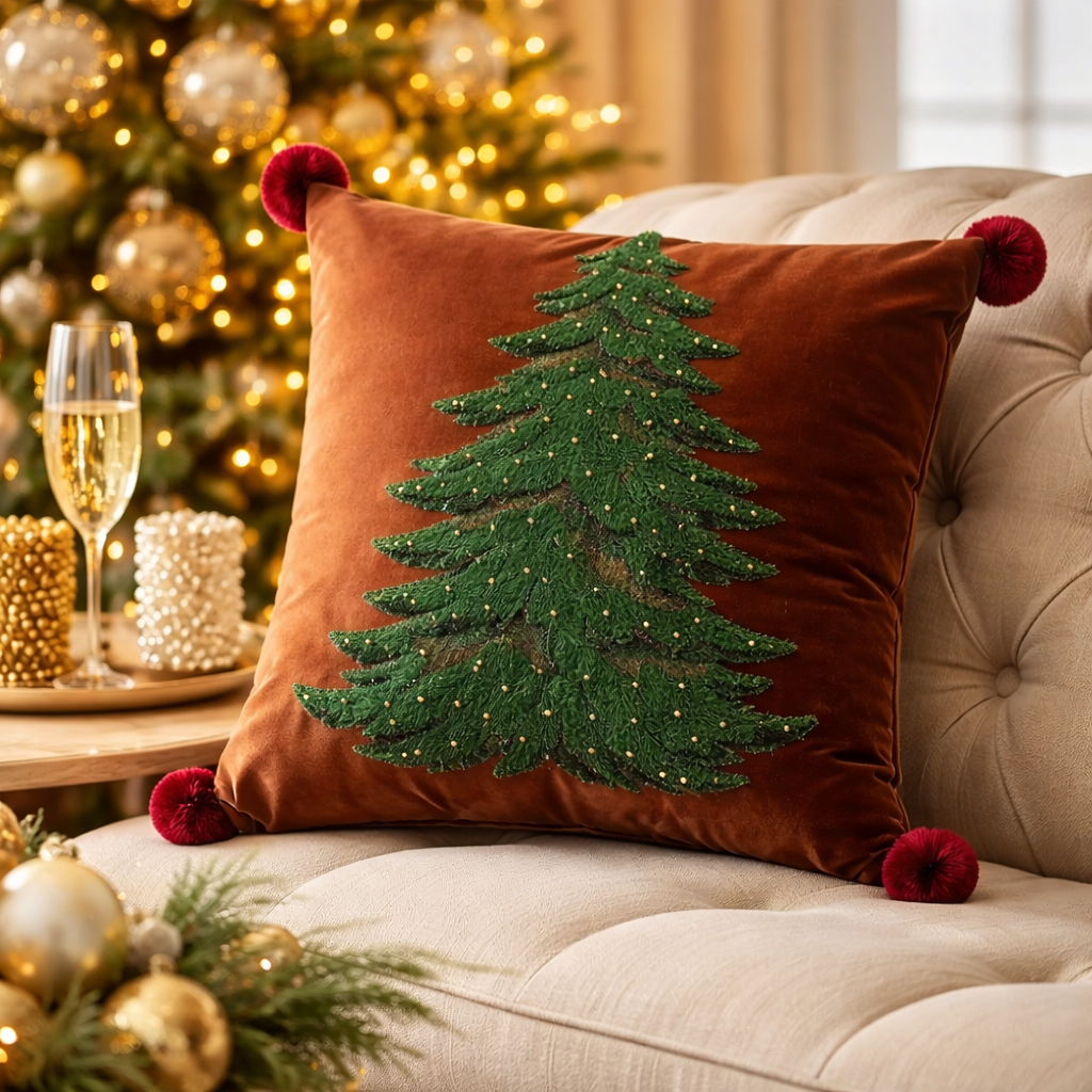 Brown Embroidered Christmas Tree Pom Pom 18" Throw Pillow