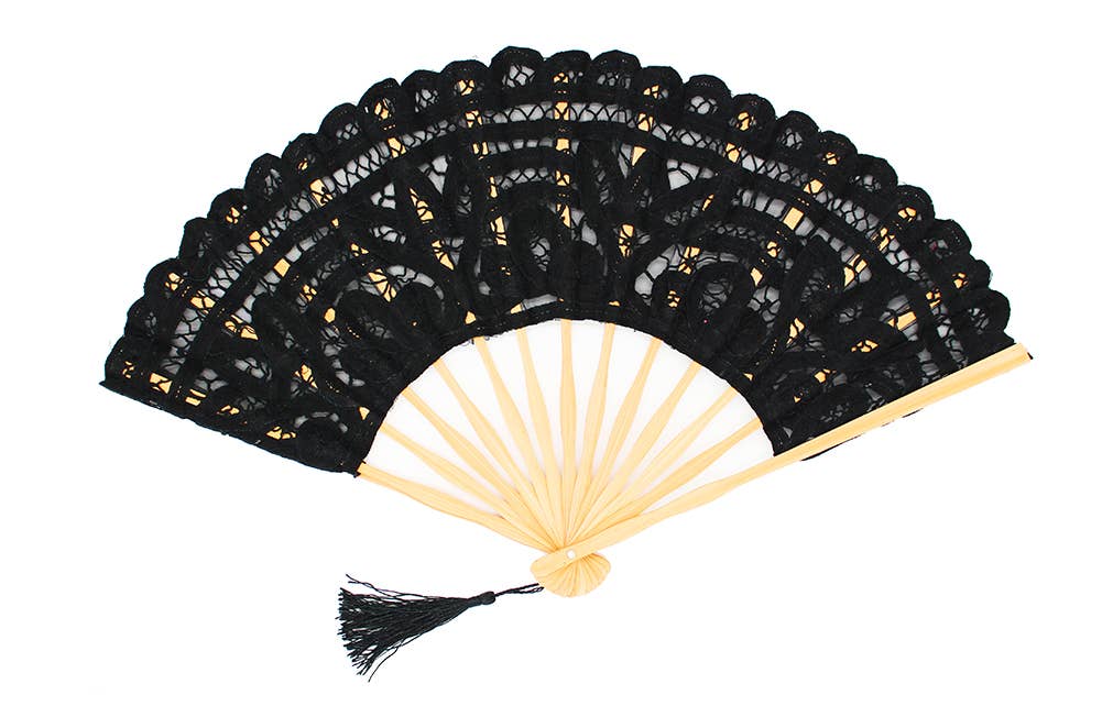 Black Crochet Cotton Lace Bamboo Folding Hand Fan