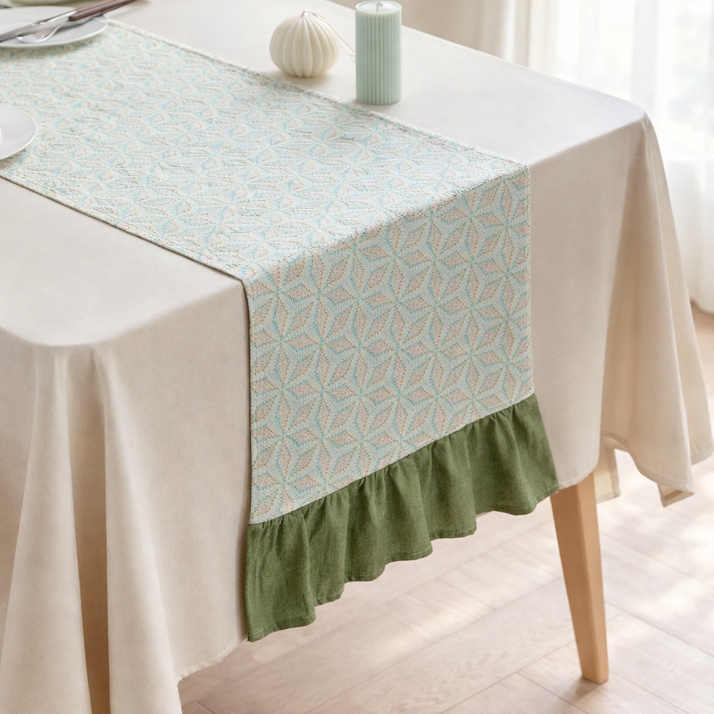 Green Geometric Cotton 14"x72" Table Runner with Ruffle