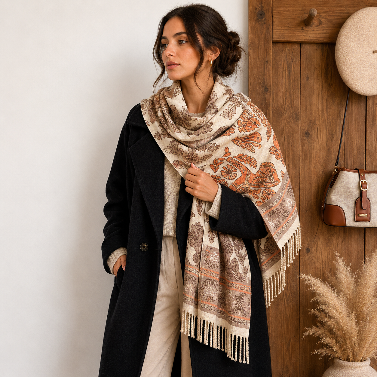 Beige Boho Paisley Jacquard Cashmere-Feel Shawl Wrap