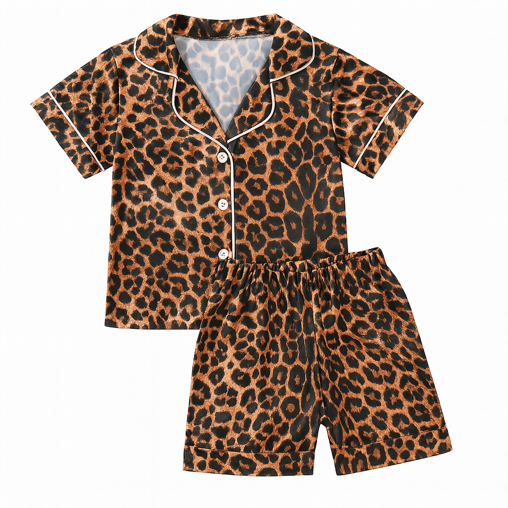 Brown Leopard Short Sleeve Girl 2pcs Pajamas Set