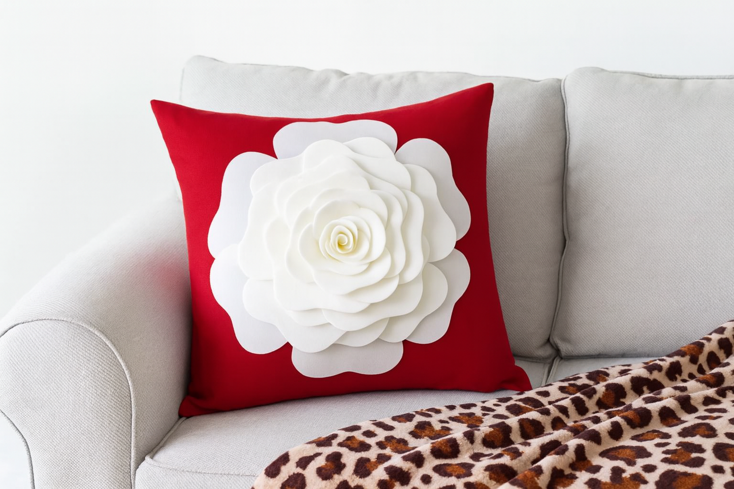 PLW0123 - Red 3D White Rose Flower 17" Throw Pillow