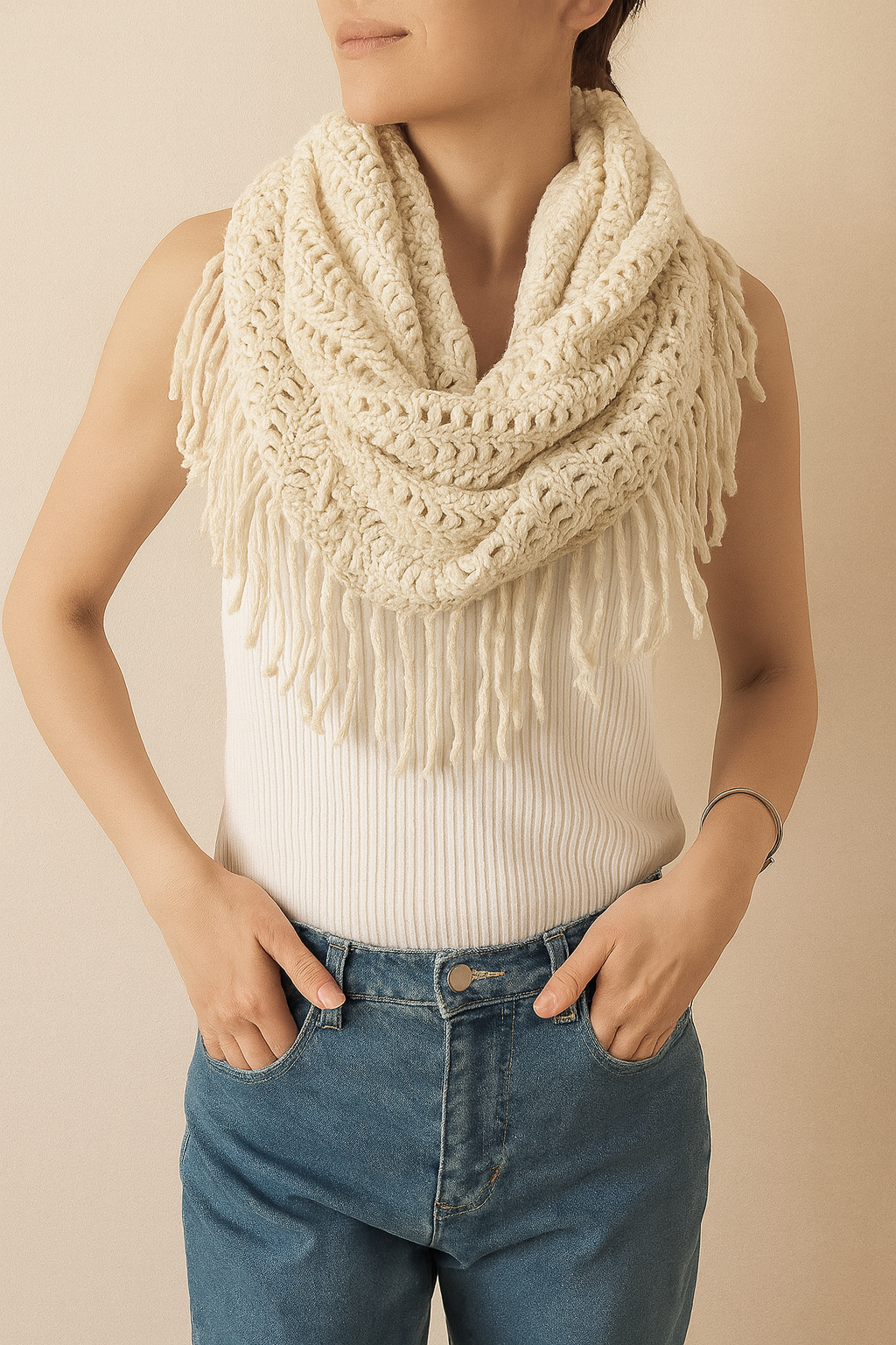 Ivory Knit Tassel Infinity Loop Scarf
