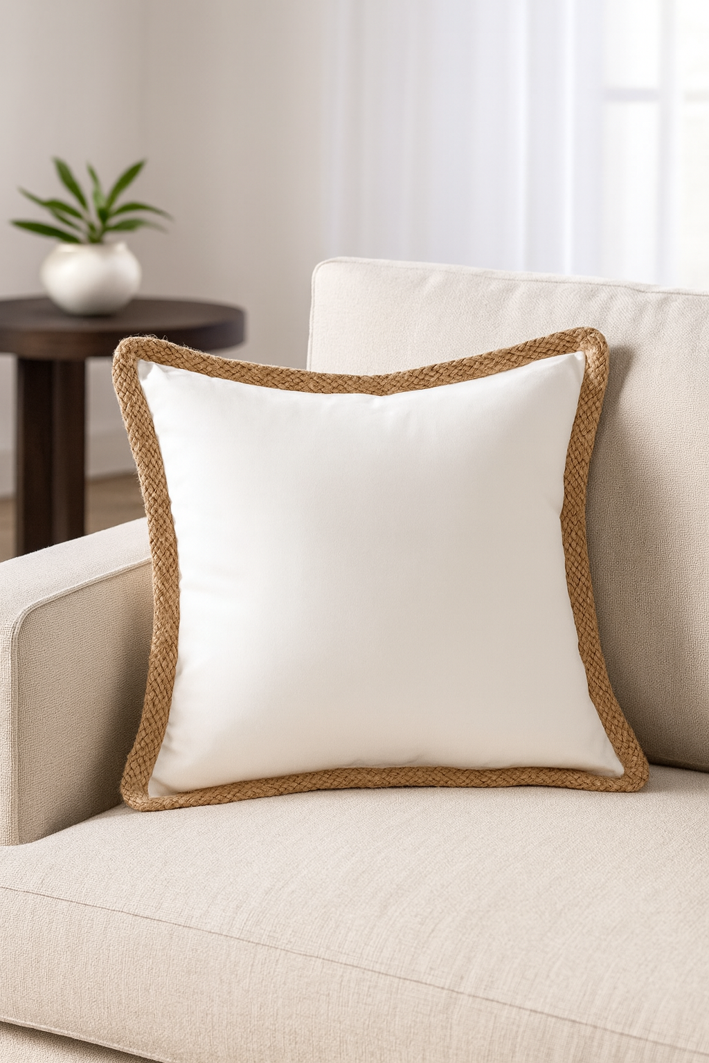 24139 - White Jute Braided Down Filled 20" Throw Pillow