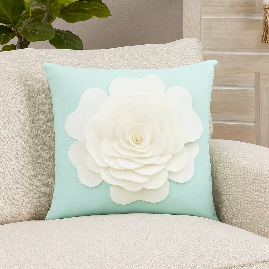 PLW0123 - Mint 3D White Rose Flower 17" Throw Pillow