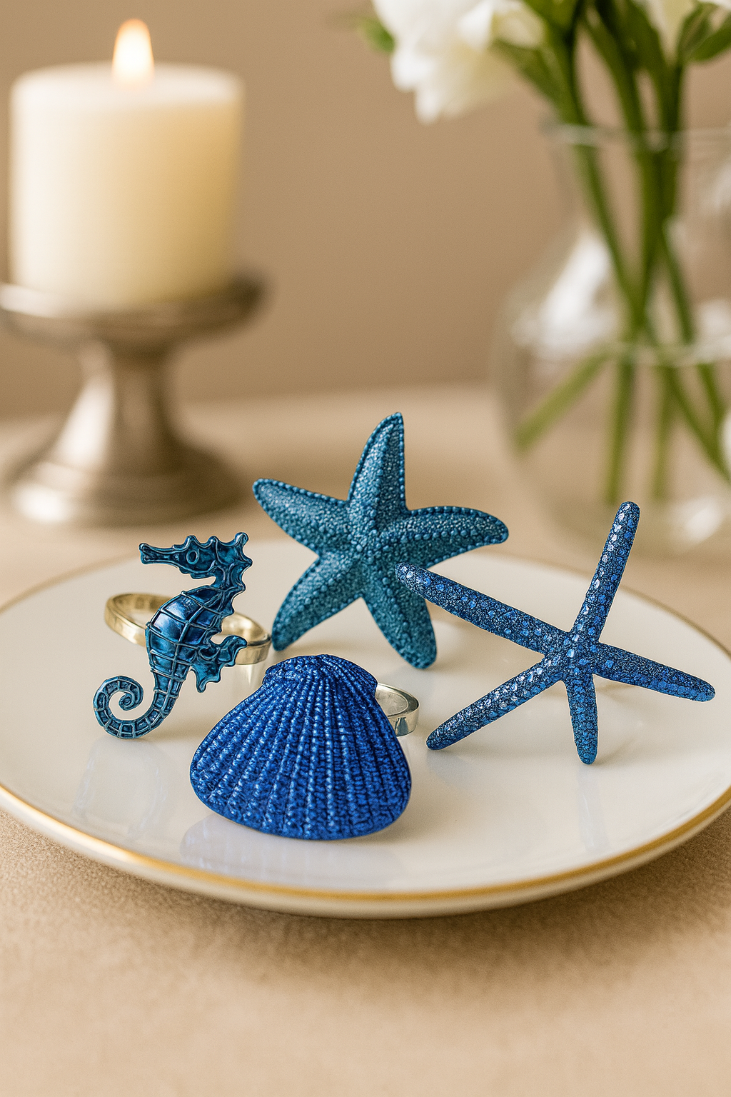 Blue Coastal Sea Creatures Gold Set of 4 Napkin Rings