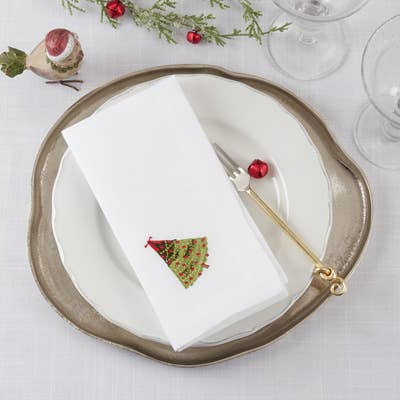 Embroidered Christmas Tree White 20" Cloth Napkin