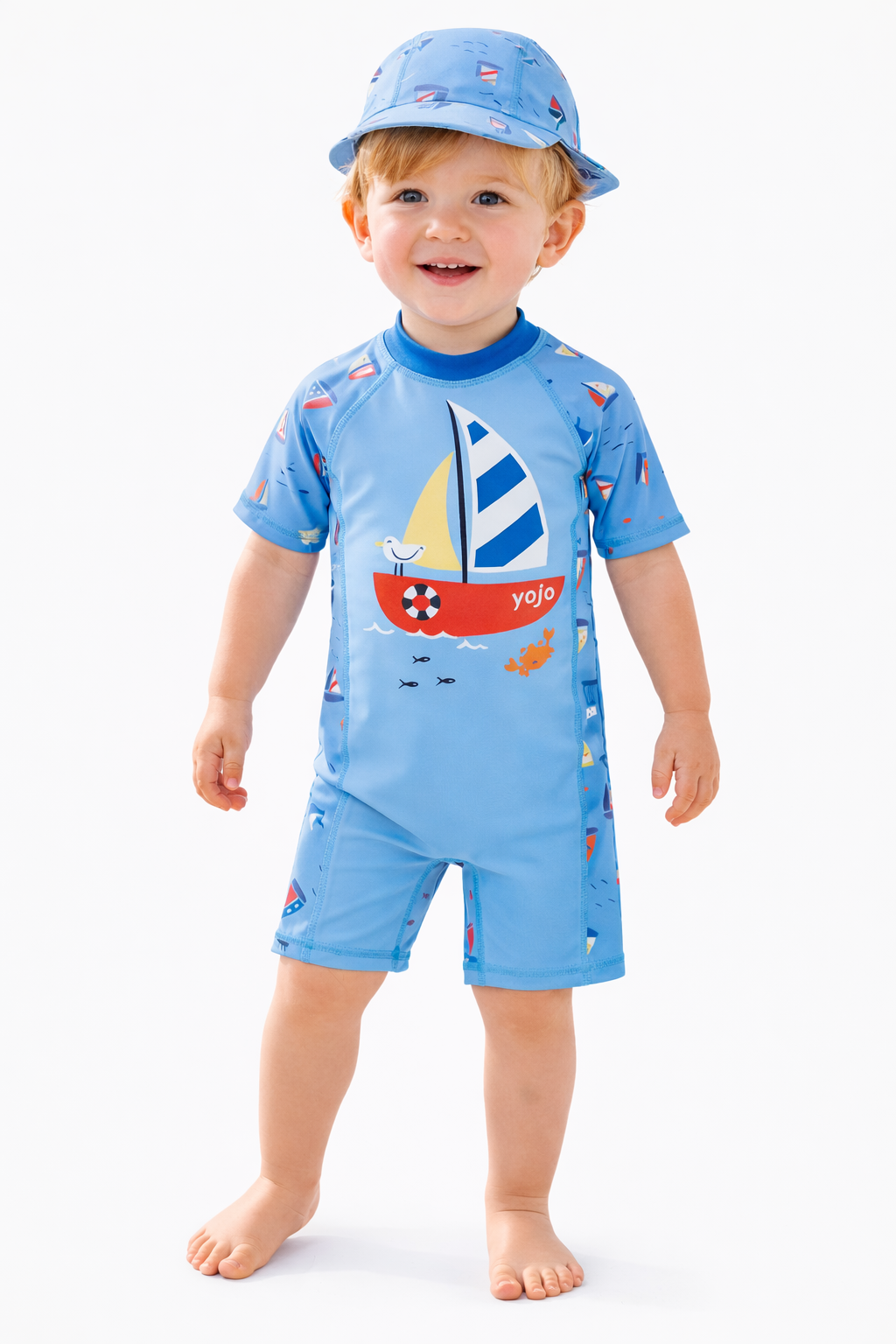 Blue Sailboat Rash Guard & Sun Hat 2-Piece Boy Swimwear