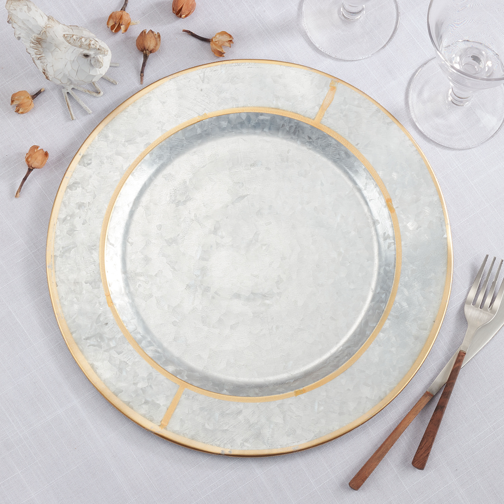 Gold Rim Galvanized 13" Round Metal Charger Plate (Cop