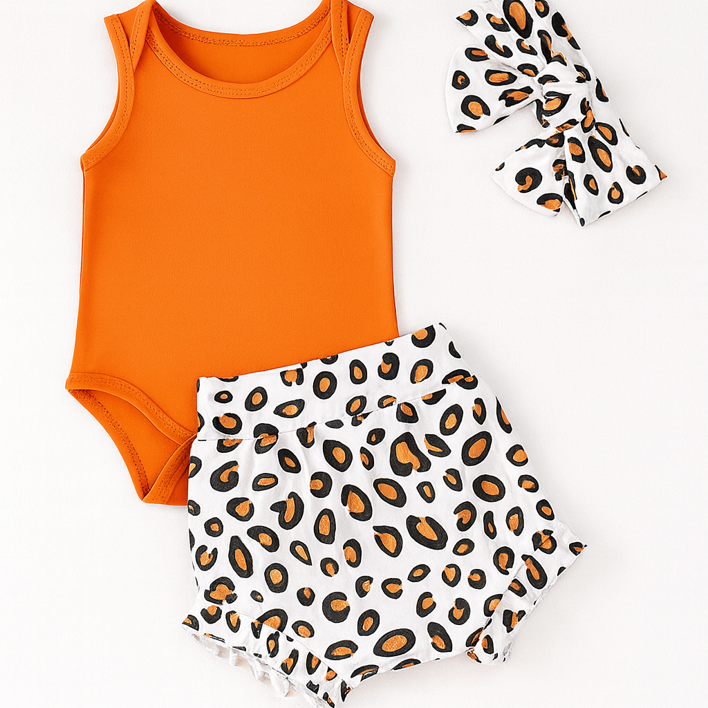 Orange Baby Bodysuit, Leopard Bloomers & Headband
