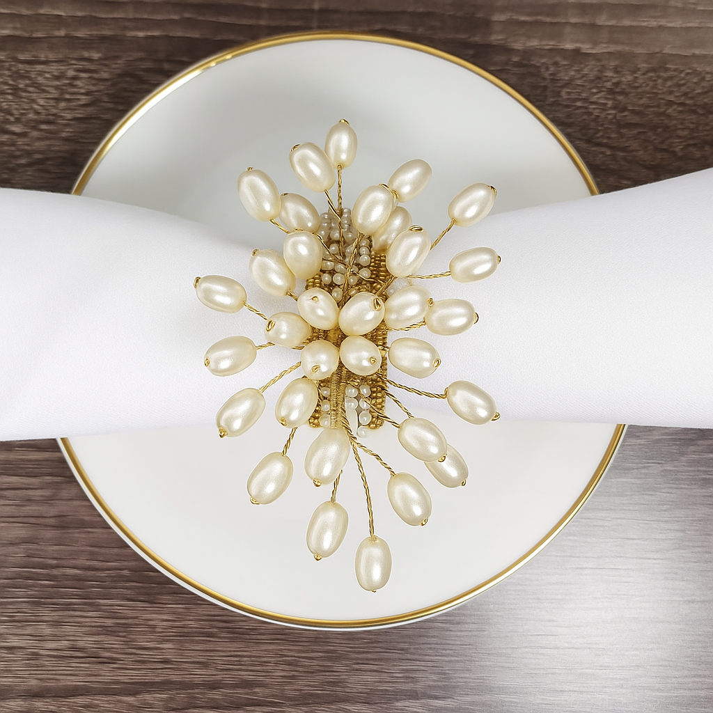 NR140 - Hand Beaded Ivory Pearl Flower Napkin Ring