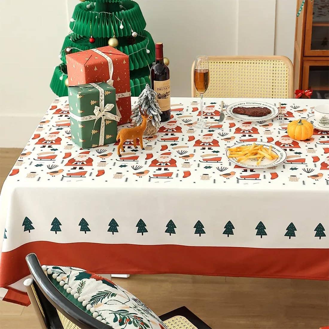 Red Multi Poinsettia & Lights Christmas Design Tablecloth