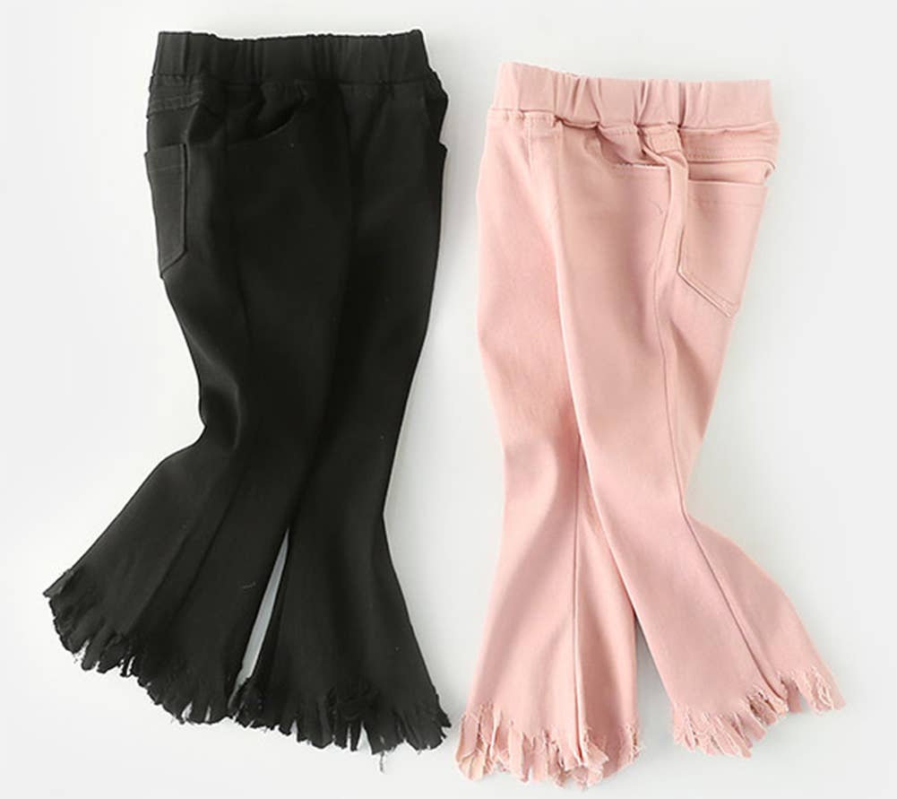 Black Stretchy Girl Pants with Frayed Hem