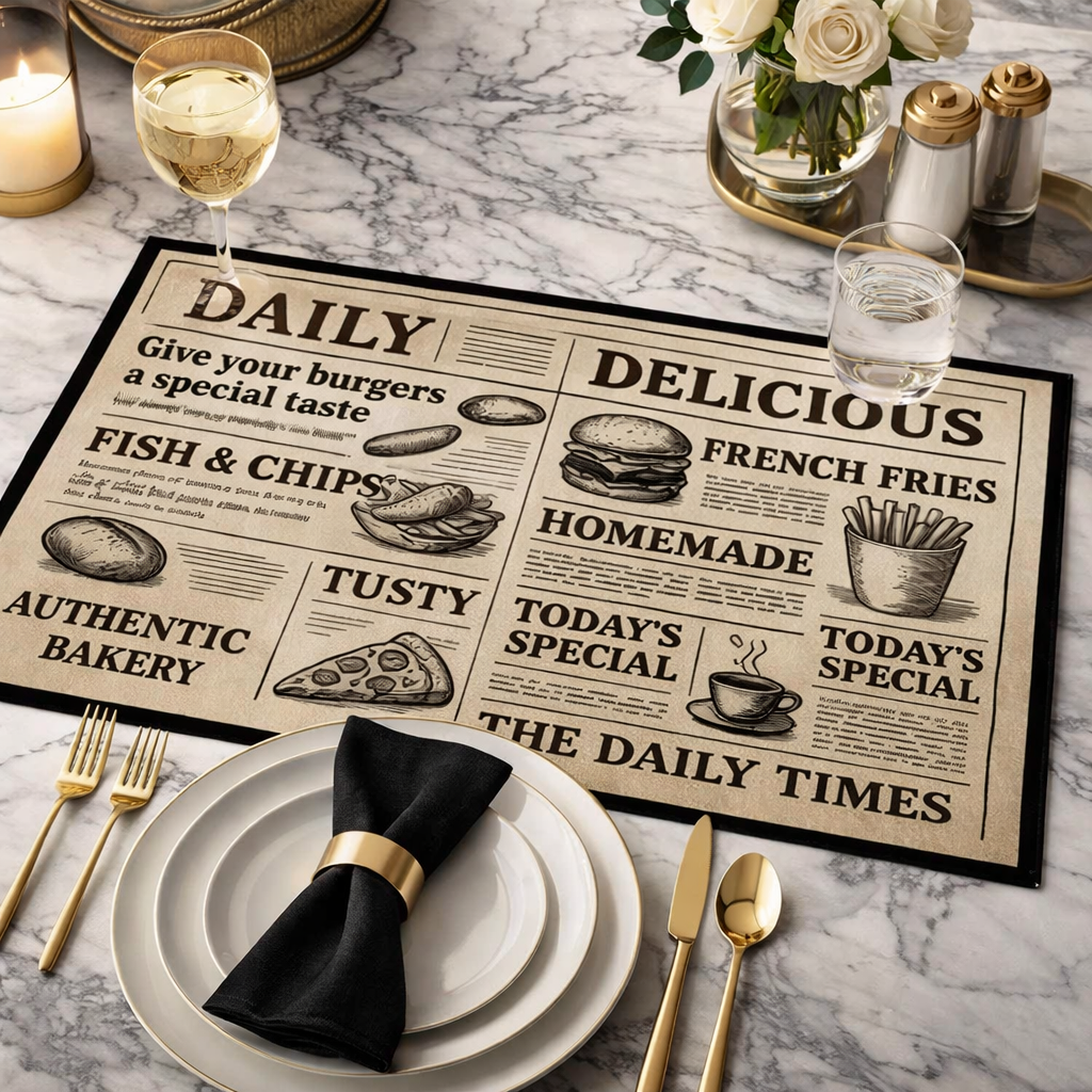 Café Bistro Inspired Newspaper Print Placemat - 12"x18"