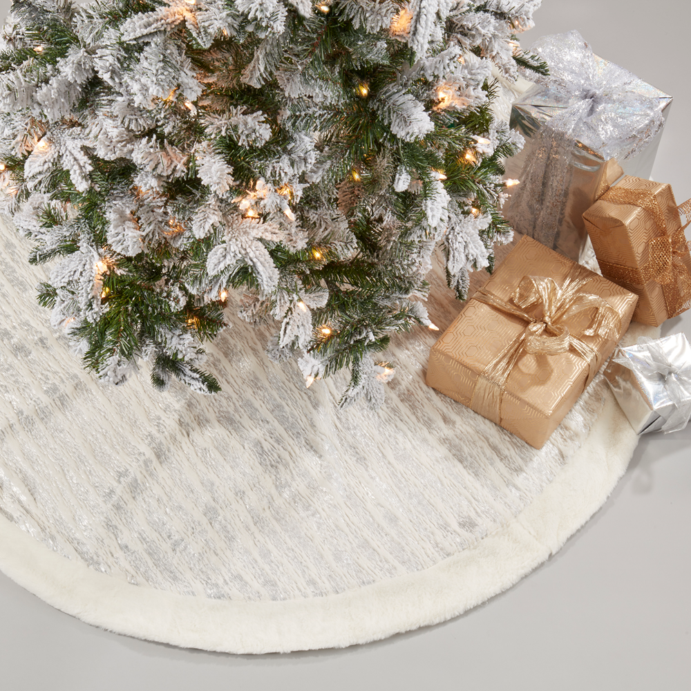 Silver Brushed Foil Print Faux Fur Christmas Tree Skirt