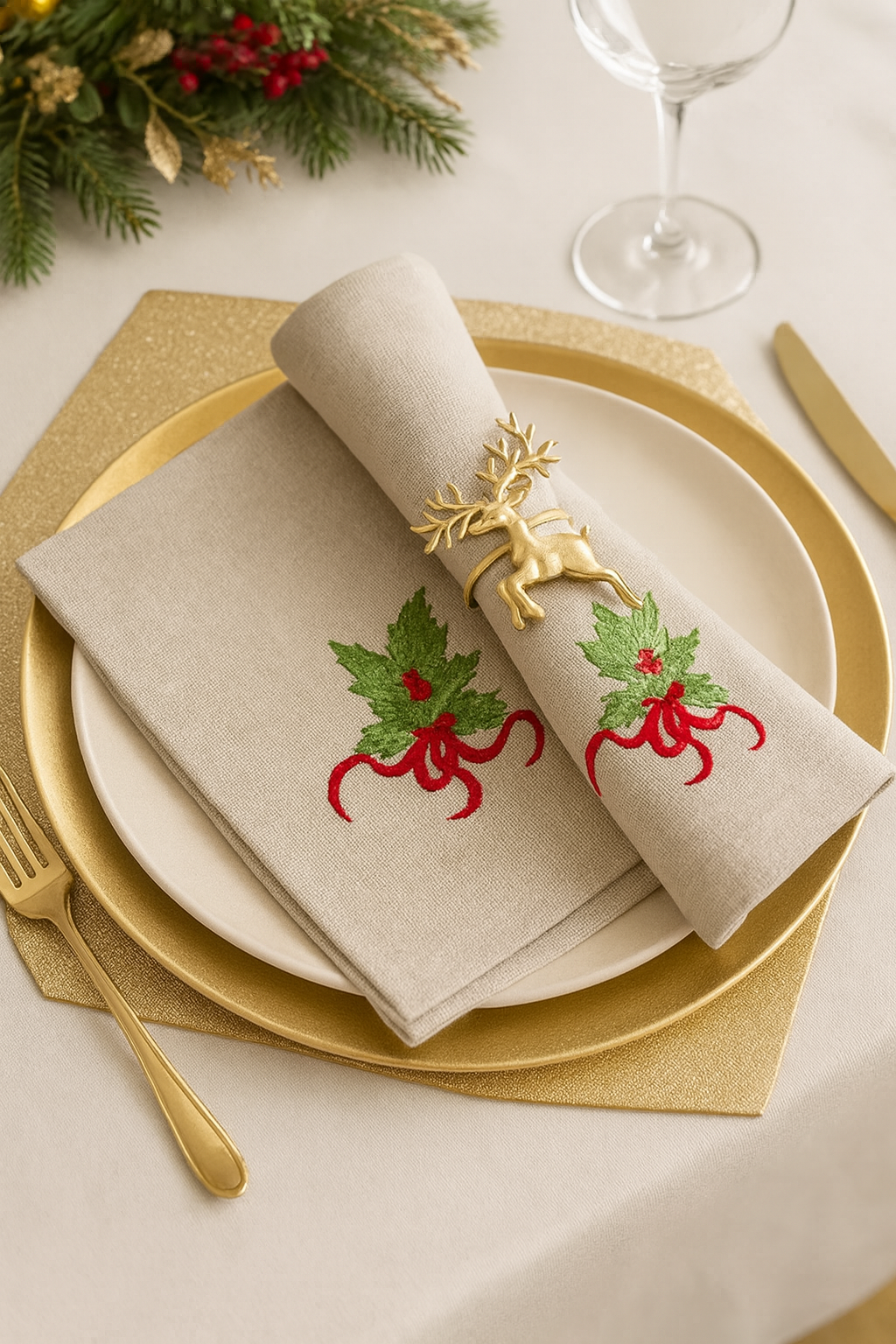Natural Embroidered Christmas Design 20" Cloth Napkin