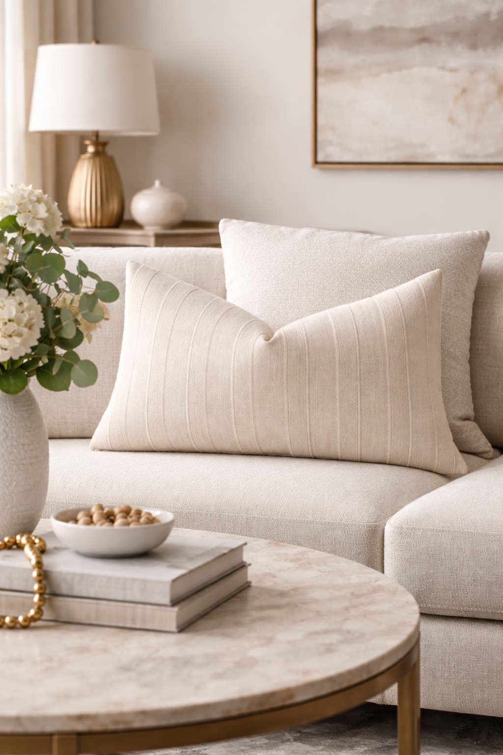 Soft Beige Striped Lumbar Throw Pillow