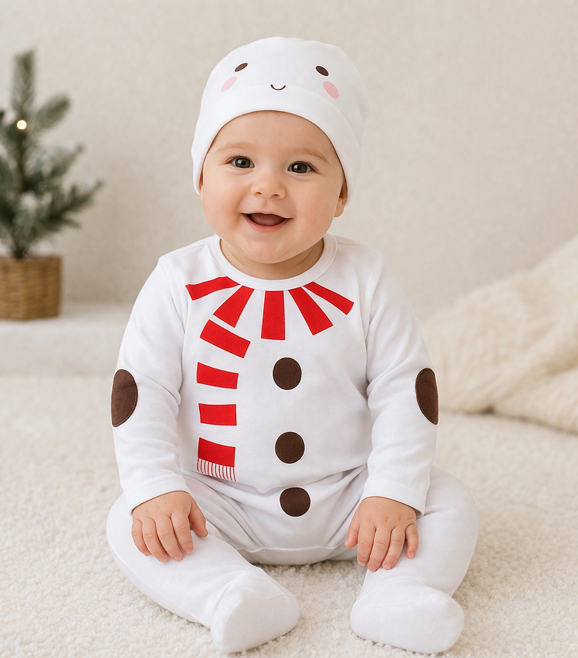 White Snowman Baby Romper and Hat