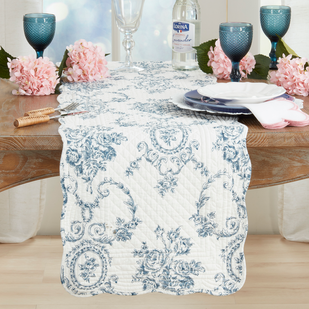 Indigo Quilted Toile Floral Cotton Table Runner - 16"X72"