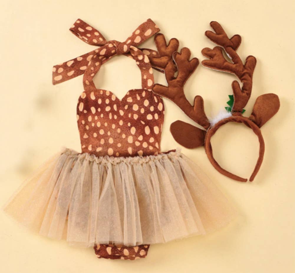 Brown Reindeer Baby Tulle Skirt Romper with Antler Headband