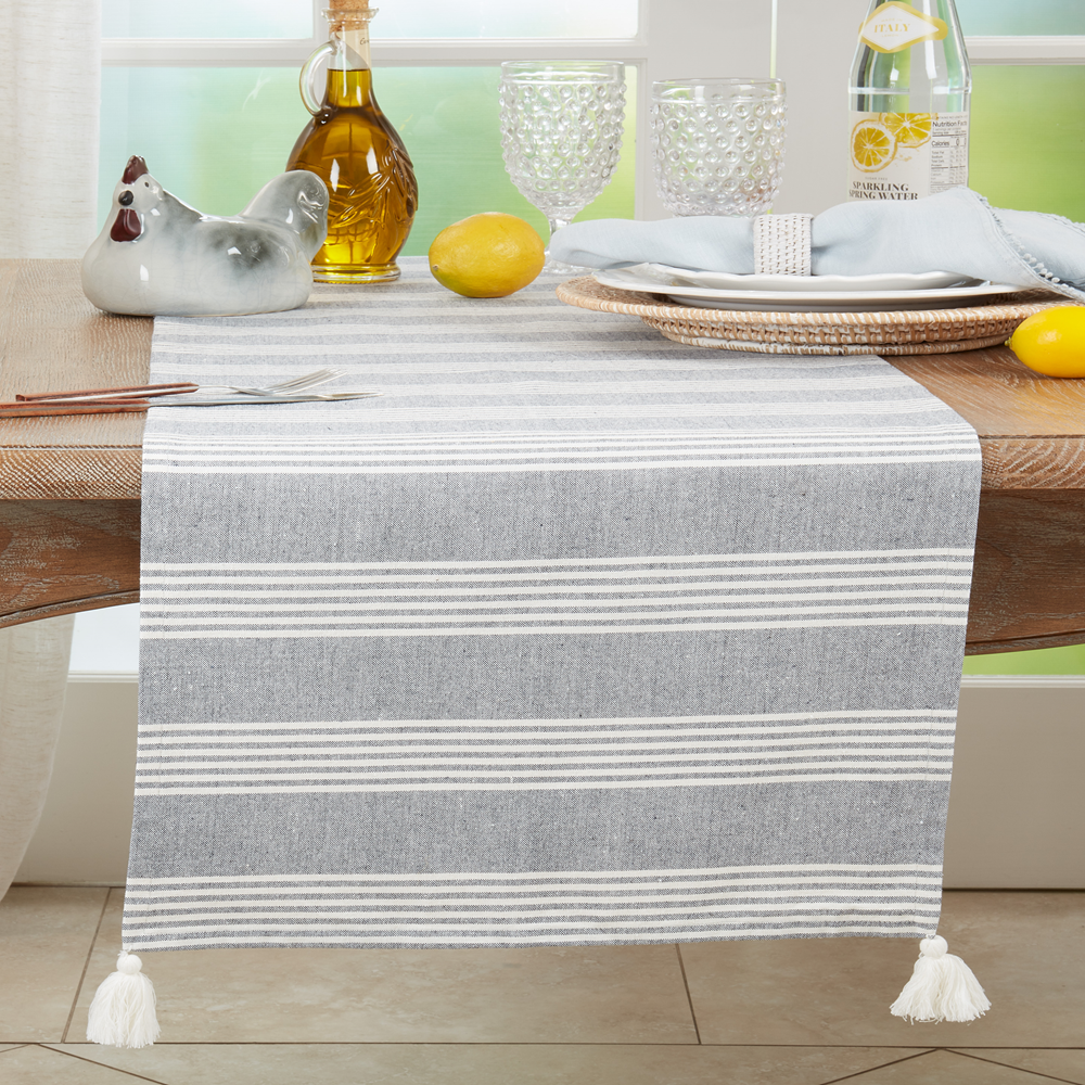 1561 - Gray Blue Stripe Tassel Cotton 16"x 72" Table Runner