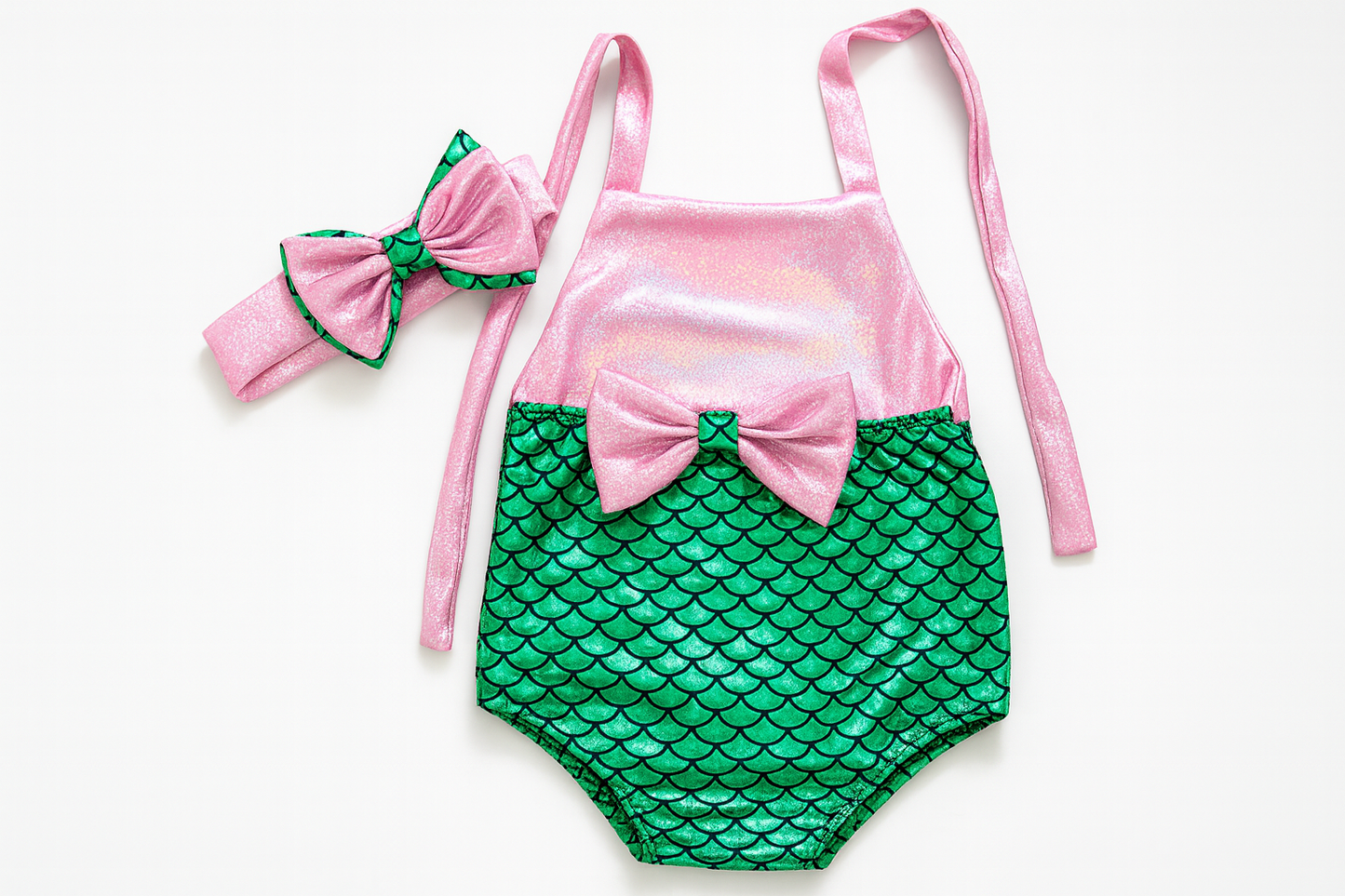 Pink-Green Metallic Mermaid Baby Swimsuit & Headband