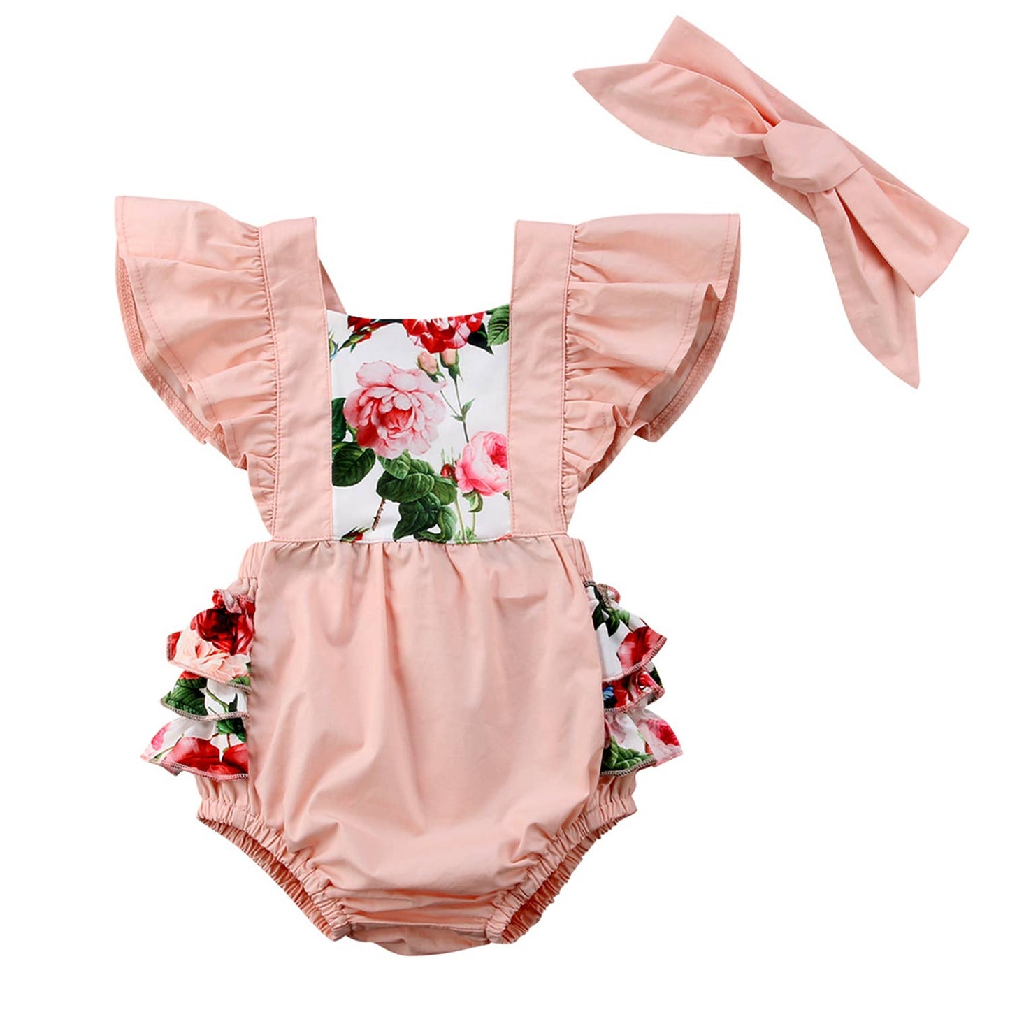Pink Floral Baby Girl Sunsuit Romper & Headband