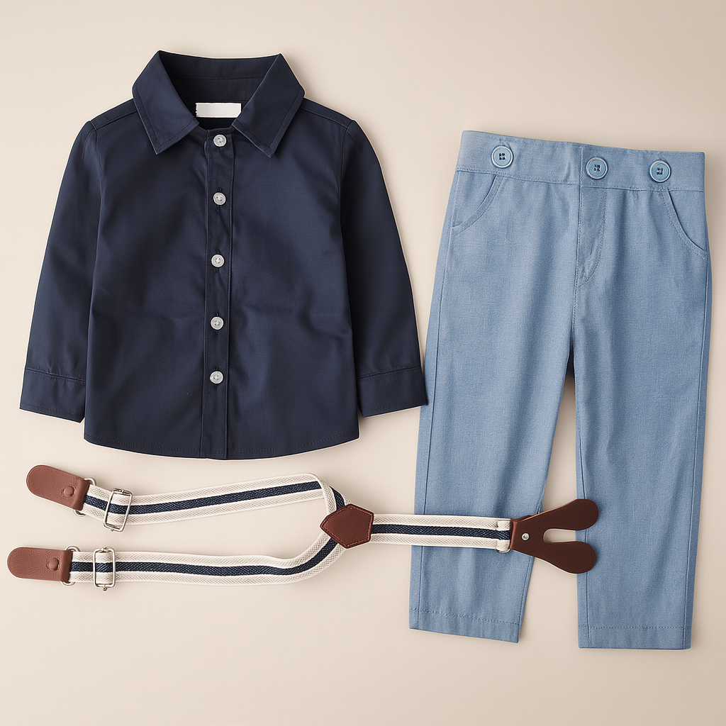 Blue Little Boy Button Down Shirt, Suspender Straps & Pants