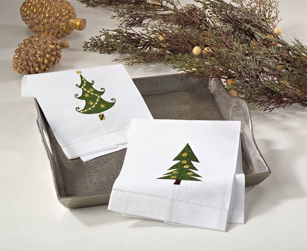 Embroidered Christmas Tree Hemstitched Linen-Cotton Towel