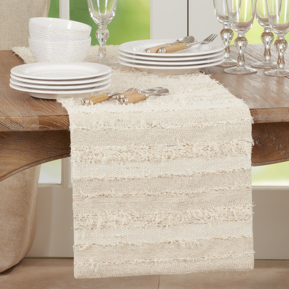 838 - Ivory Fringe Stripe Cotton Table Runner