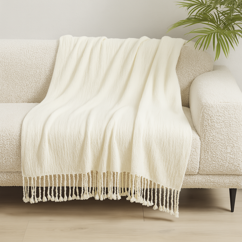 Ivory Classic Woven Fringed Throw Blanket