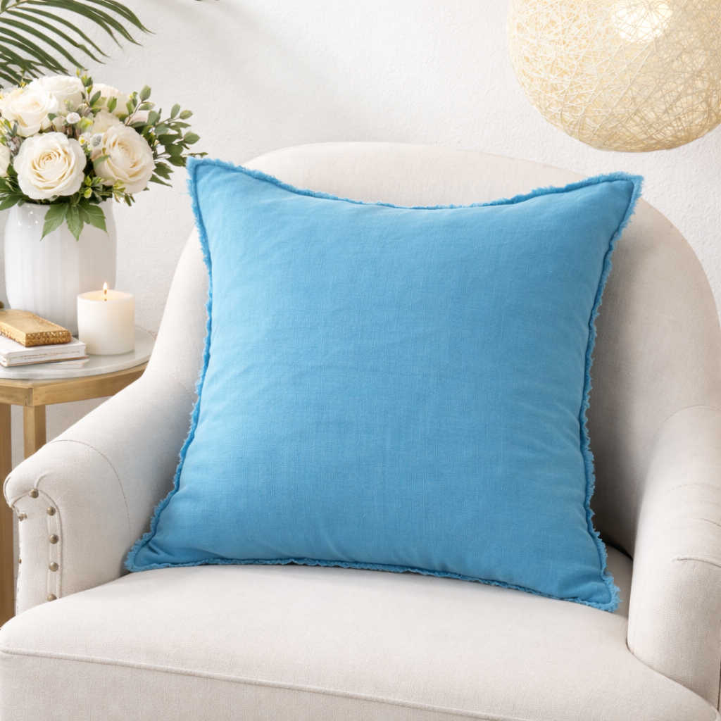 13049 - Ocean Blue Fringed Pure Linen Down-Filled 20" Throw Pillow