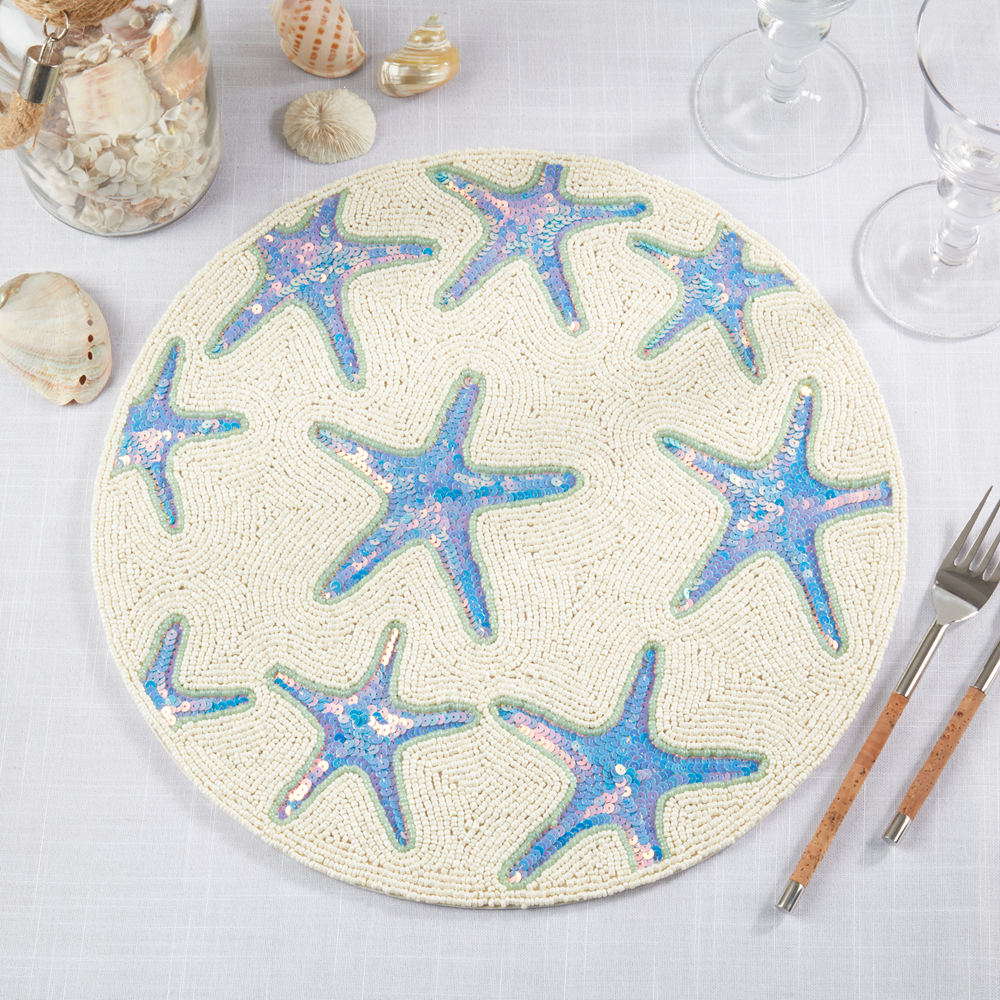 9083 - Aqua Sequined Starfish Beaded 15" Round Placemat
