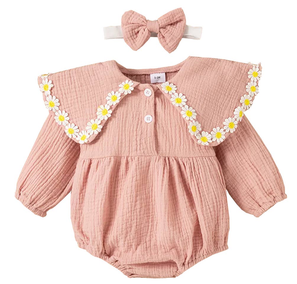 Pink Little Daisy Cotton Baby Romper & Headband