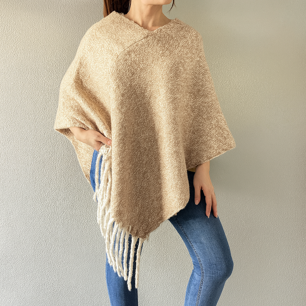 Khaki Knit Tasseled Hooded Poncho