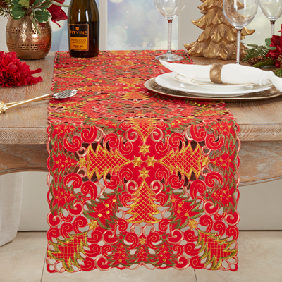Christmas Tree Cutwork Red Table Runner