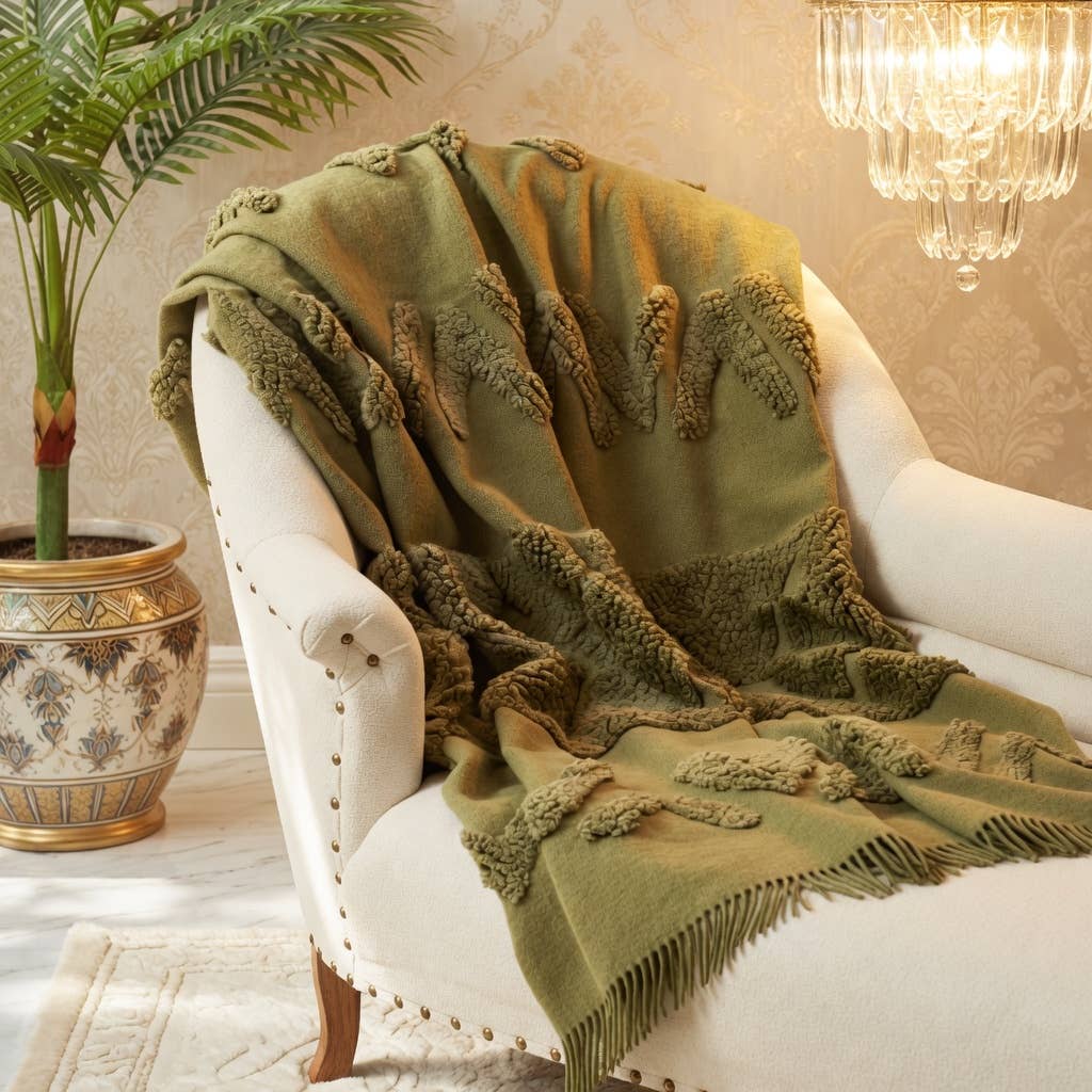 Moss Green Tufted Cotton Throw Blanket - 50"X60"