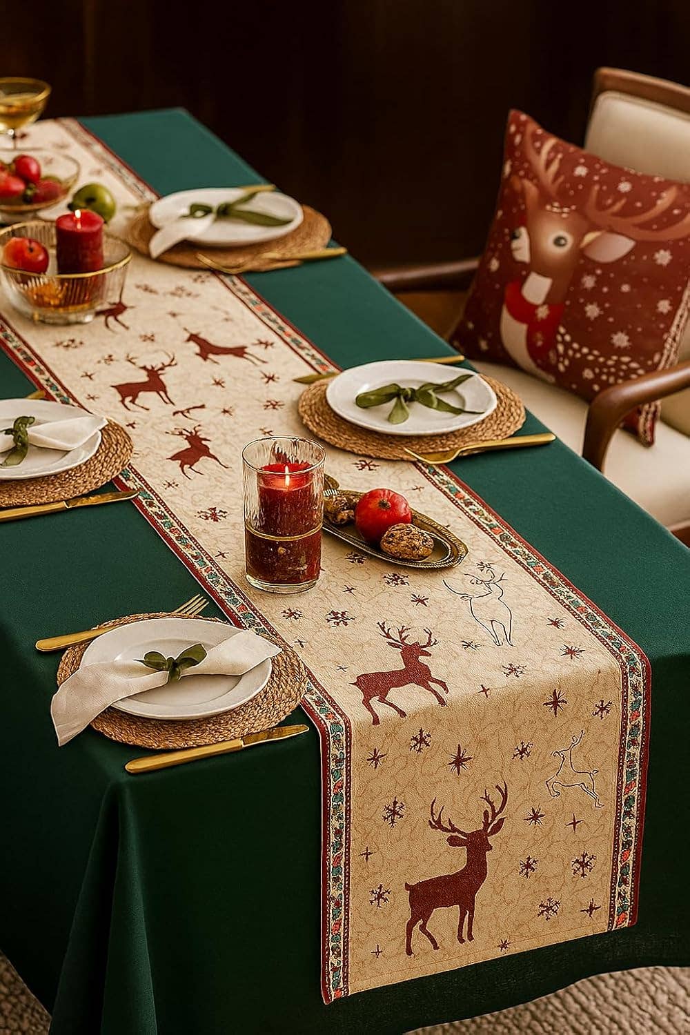 Red and Ivory Reindeer & Snowflake Table Runner - 13"x72"