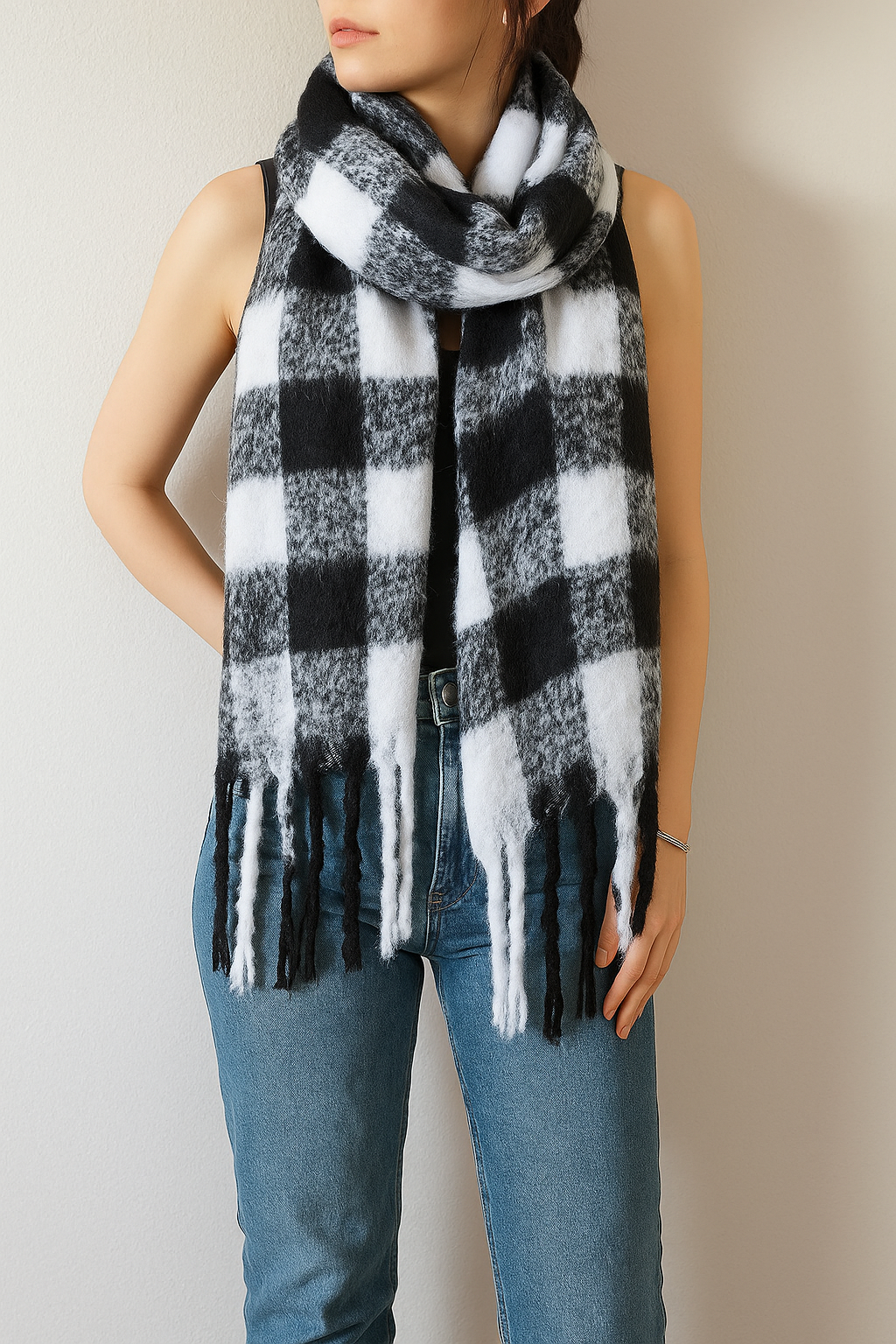 Black-White Fluffy Buffalo Check Tasseled Blanket Scarf