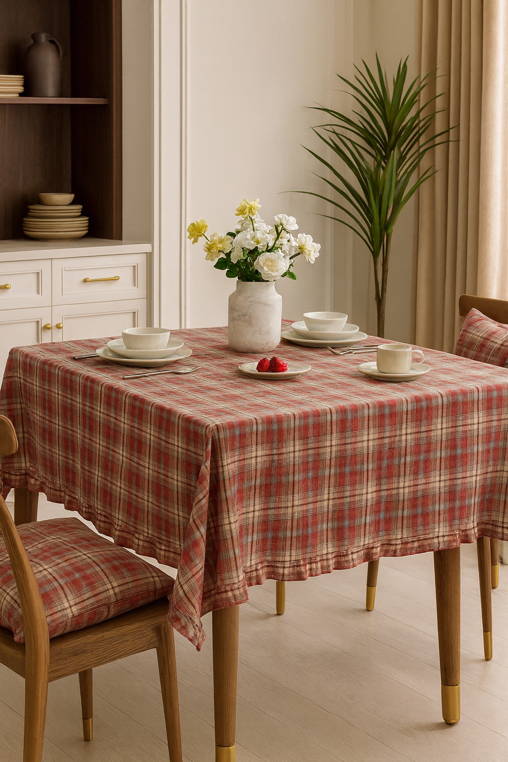 Burgundy Plaid Ruffled Border Cotton Woven Tablecloth