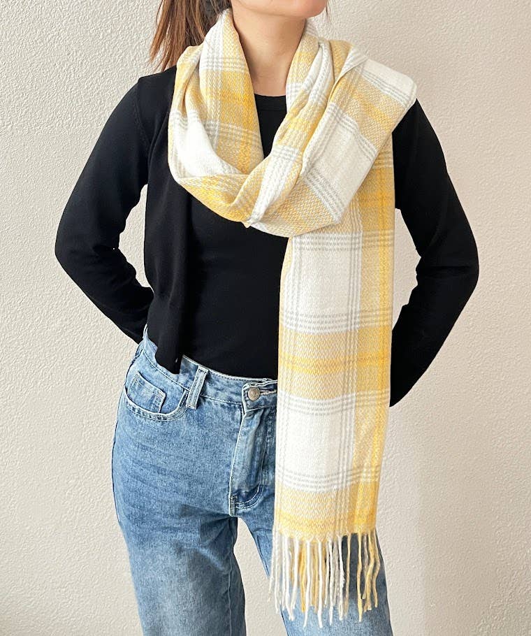 Yellow Classic Plaid Cashmere Wrap Scarf with Fringe
