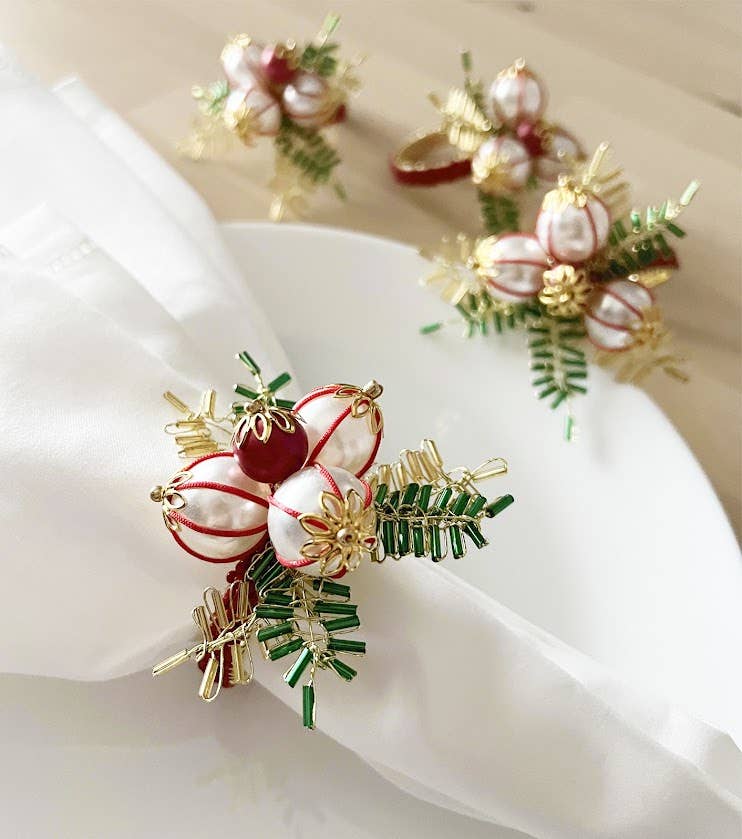 Hand-Beaded Pearl Flower Festive Napkin Ring