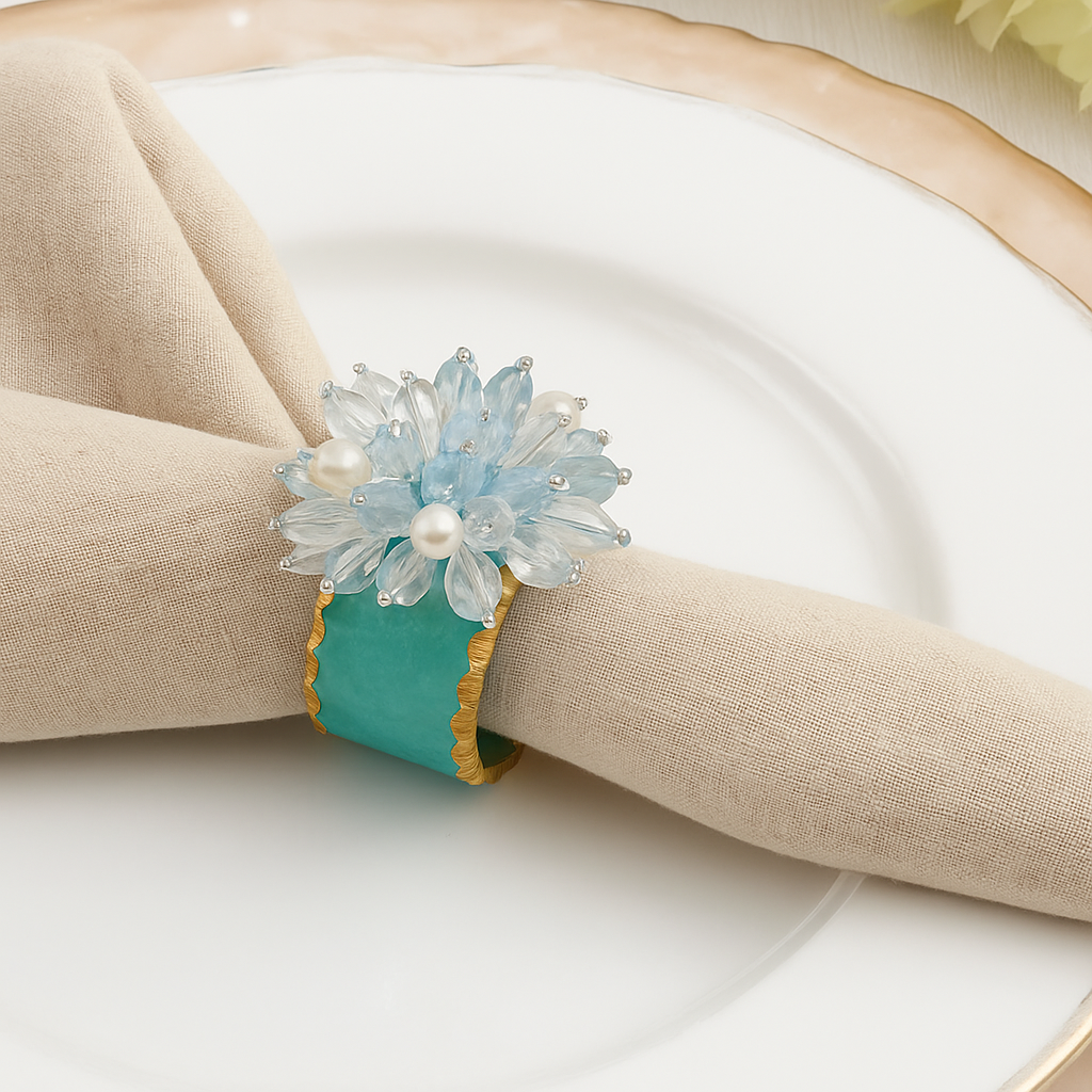 Aqua Beaded Flower Resin Napkin Ring
