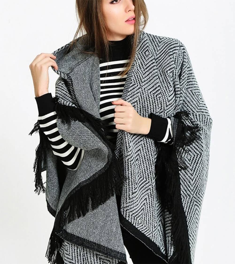 Black Diamond Knit Open Front Hooded Poncho Cardigan