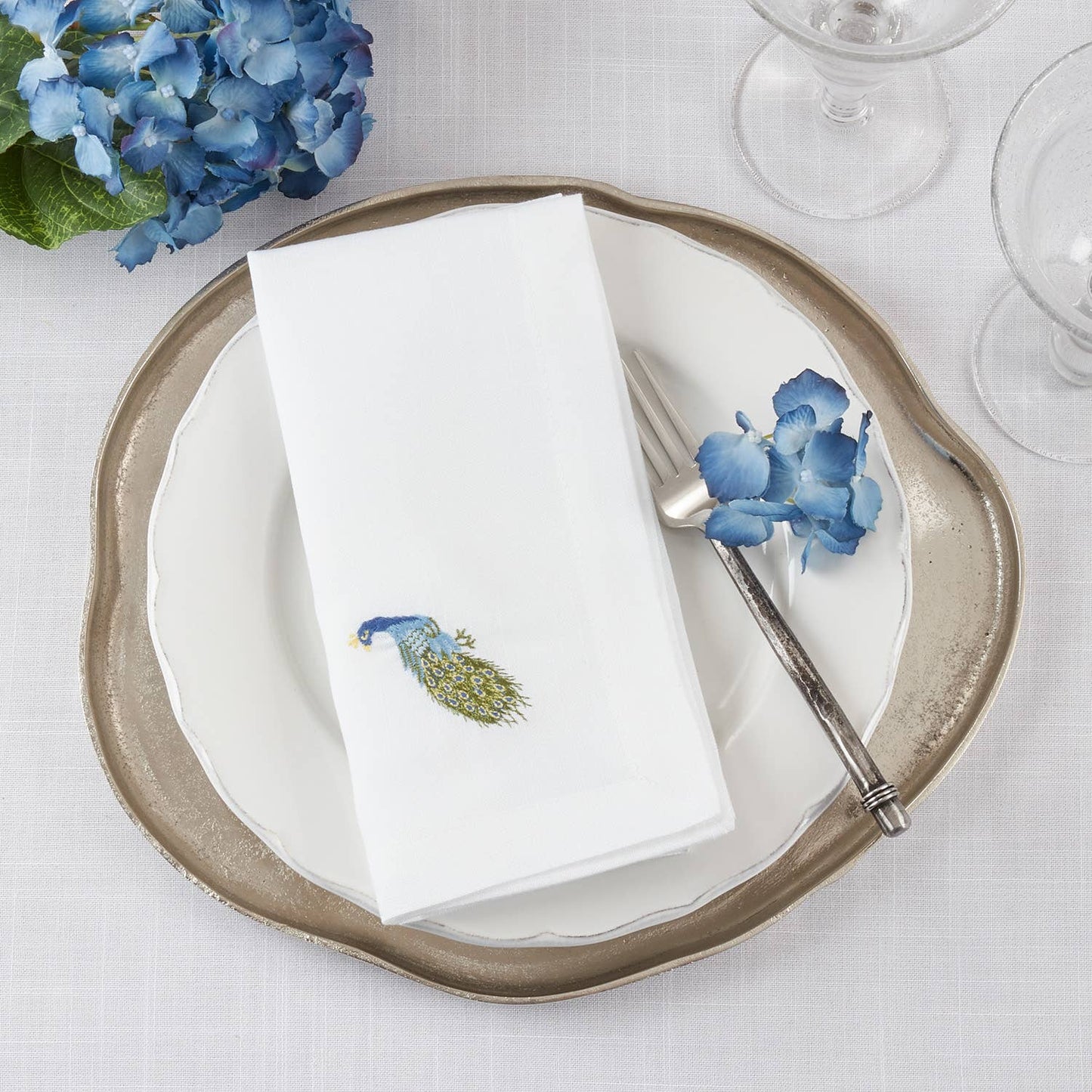 Embroidered Peacock White 20" Cloth Napkin